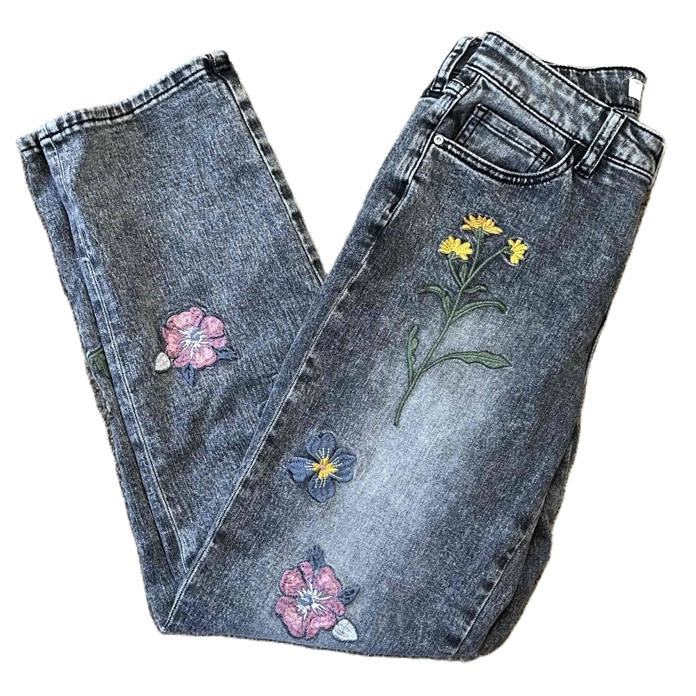 Billy T Womens Size 26 Blue Floral Embroidery Gray‎ Washed Straight Leg Jeans